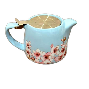 Alfred Ceramic and Stainless Steel Teapot 20 oz Blue Pink Floral Cherry Blossom